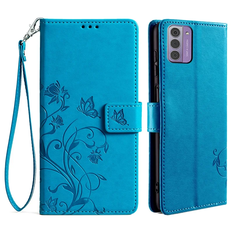 For Nokia G42 Case with Wrist Strap Butterfly Flower Leather Stand Phone Cover - Blue