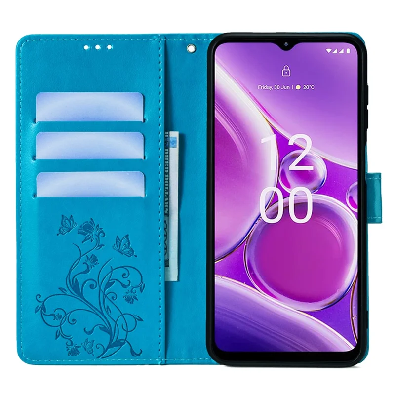 For Nokia G42 Case with Wrist Strap Butterfly Flower Leather Stand Phone Cover - Blue