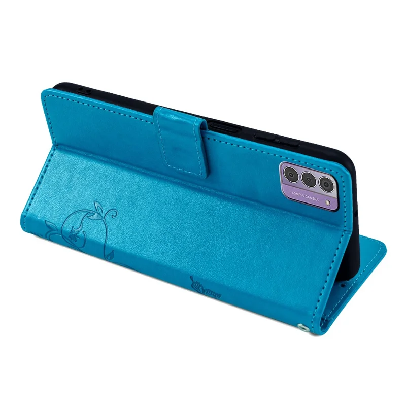 For Nokia G42 Case with Wrist Strap Butterfly Flower Leather Stand Phone Cover - Blue