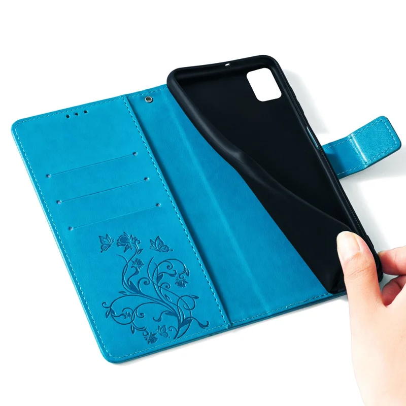 For Nokia G42 Case with Wrist Strap Butterfly Flower Leather Stand Phone Cover - Blue