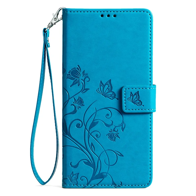 For Nokia G42 Case with Wrist Strap Butterfly Flower Leather Stand Phone Cover - Blue