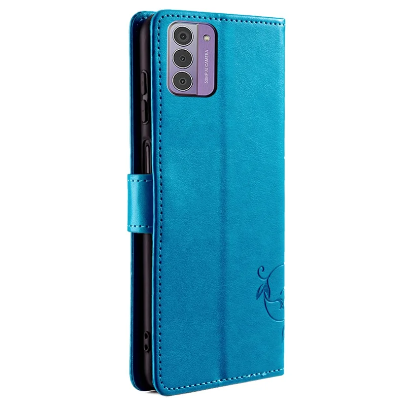 For Nokia G42 Case with Wrist Strap Butterfly Flower Leather Stand Phone Cover - Blue