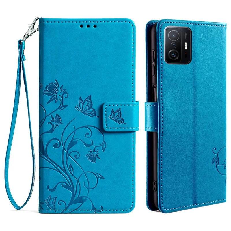For Xiaomi 11T 5G / 11T Pro 5G Phone Case Wrist Strap Card Slots Butterfly Flower Leather Cover - Blue