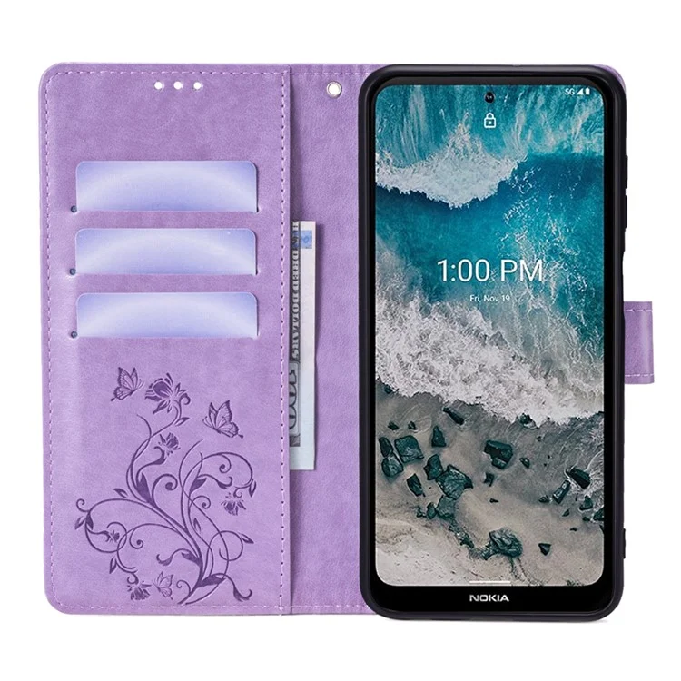 Per il caso del telefono del portafoglio Nokia X100 5G Butterfly Flower PU Leather Cover Online Shopping Wholesale - Viola