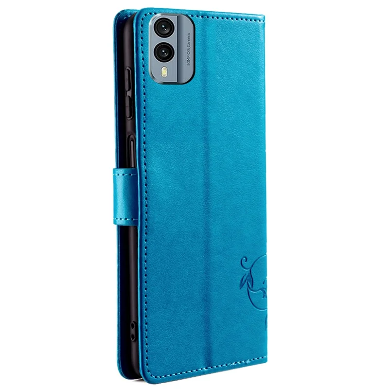 Pour Nokia X30 5G Étui avec sangle à la main Portefeuille Flip Cuir PU Fleur de papillon Couvercle de téléphone - Bleu