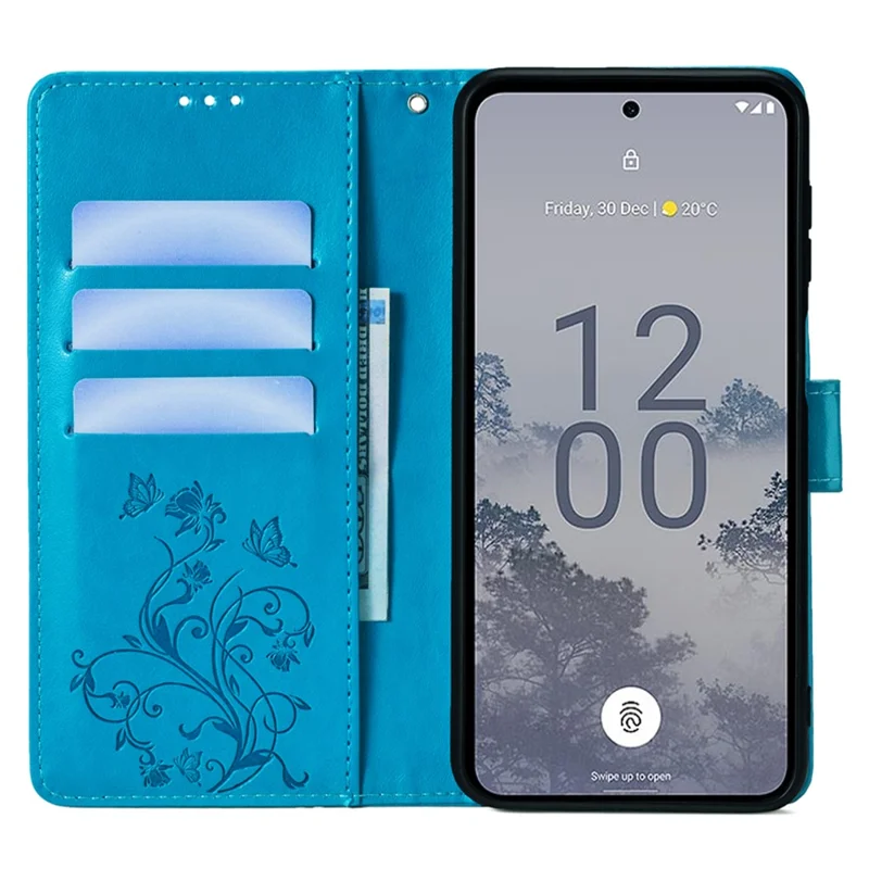 Pour Nokia X30 5G Étui avec sangle à la main Portefeuille Flip Cuir PU Fleur de papillon Couvercle de téléphone - Bleu