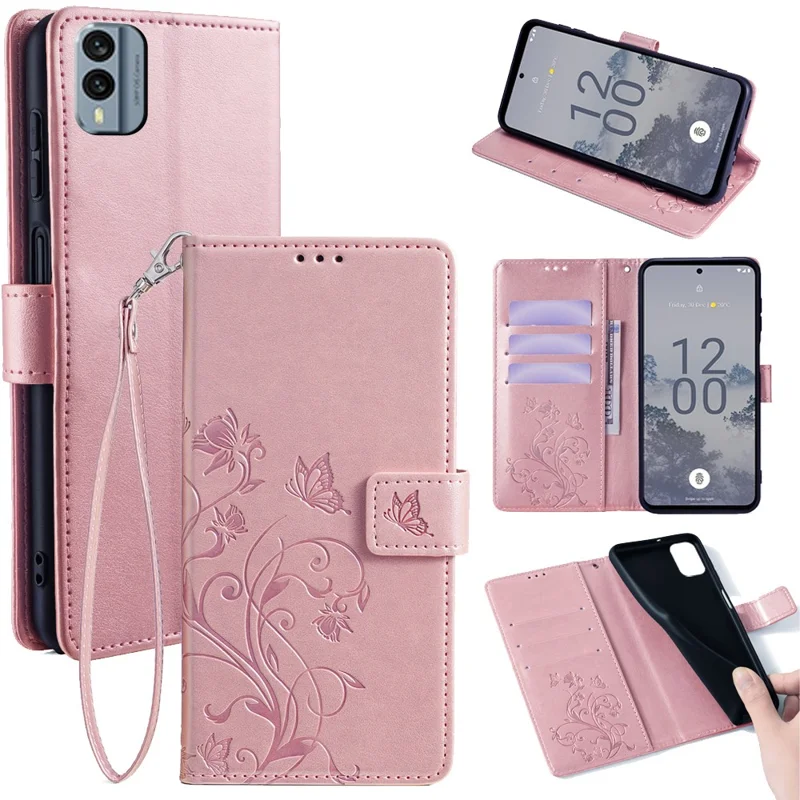 For Nokia X30 5G Case with Hand Strap Wallet Flip PU Leather Butterfly Flower Phone Cover - Rose Gold