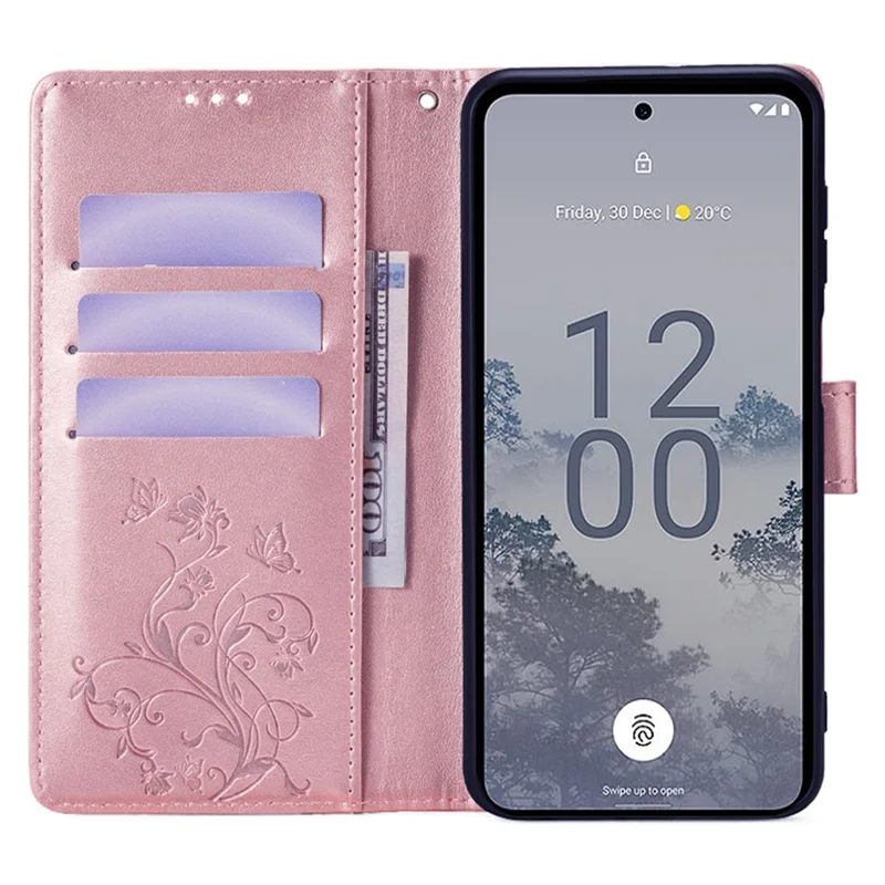 For Nokia X30 5G Case with Hand Strap Wallet Flip PU Leather Butterfly Flower Phone Cover - Rose Gold