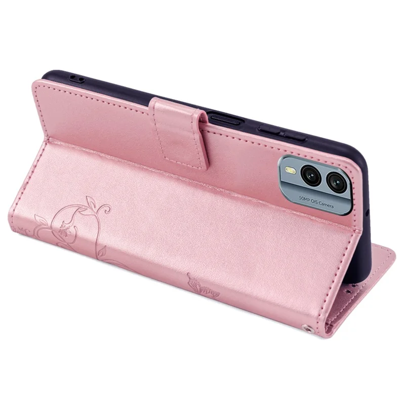 For Nokia X30 5G Case with Hand Strap Wallet Flip PU Leather Butterfly Flower Phone Cover - Rose Gold