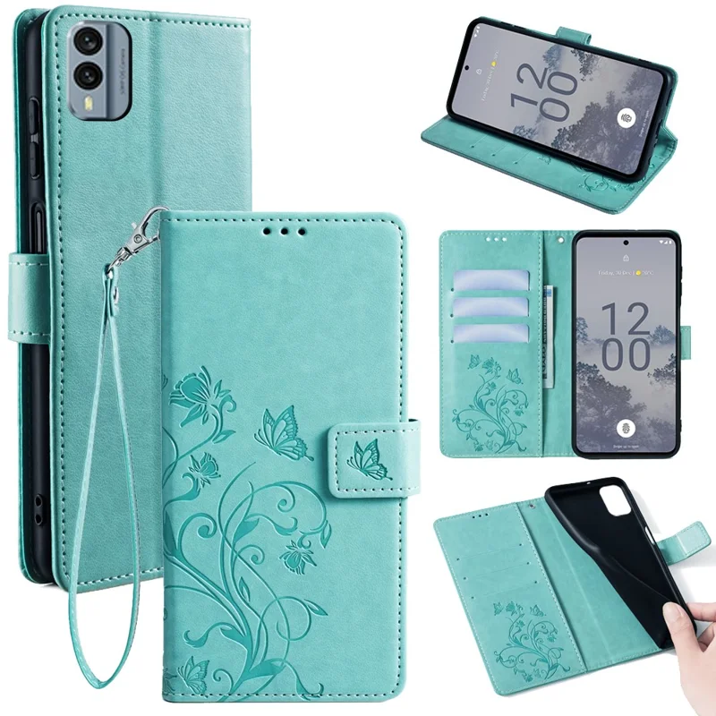 For Nokia X30 5G Case with Hand Strap Wallet Flip PU Leather Butterfly Flower Phone Cover - Green
