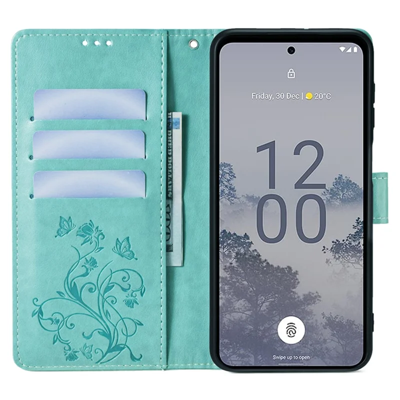 For Nokia X30 5G Case with Hand Strap Wallet Flip PU Leather Butterfly Flower Phone Cover - Green