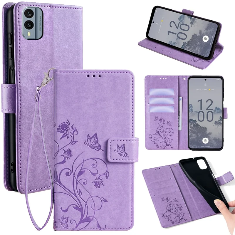 For Nokia X30 5G Case with Hand Strap Wallet Flip PU Leather Butterfly Flower Phone Cover - Purple