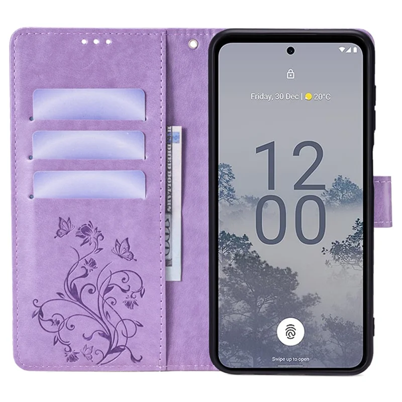 For Nokia X30 5G Case with Hand Strap Wallet Flip PU Leather Butterfly Flower Phone Cover - Purple