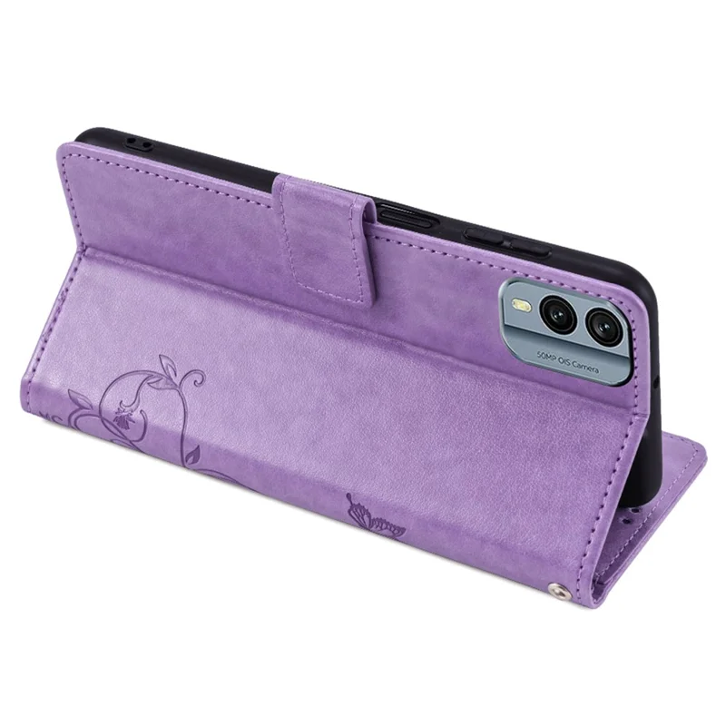 For Nokia X30 5G Case with Hand Strap Wallet Flip PU Leather Butterfly Flower Phone Cover - Purple