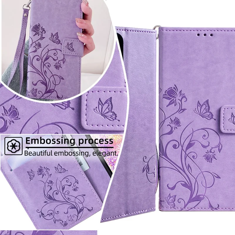 For Nokia X30 5G Case with Hand Strap Wallet Flip PU Leather Butterfly Flower Phone Cover - Purple