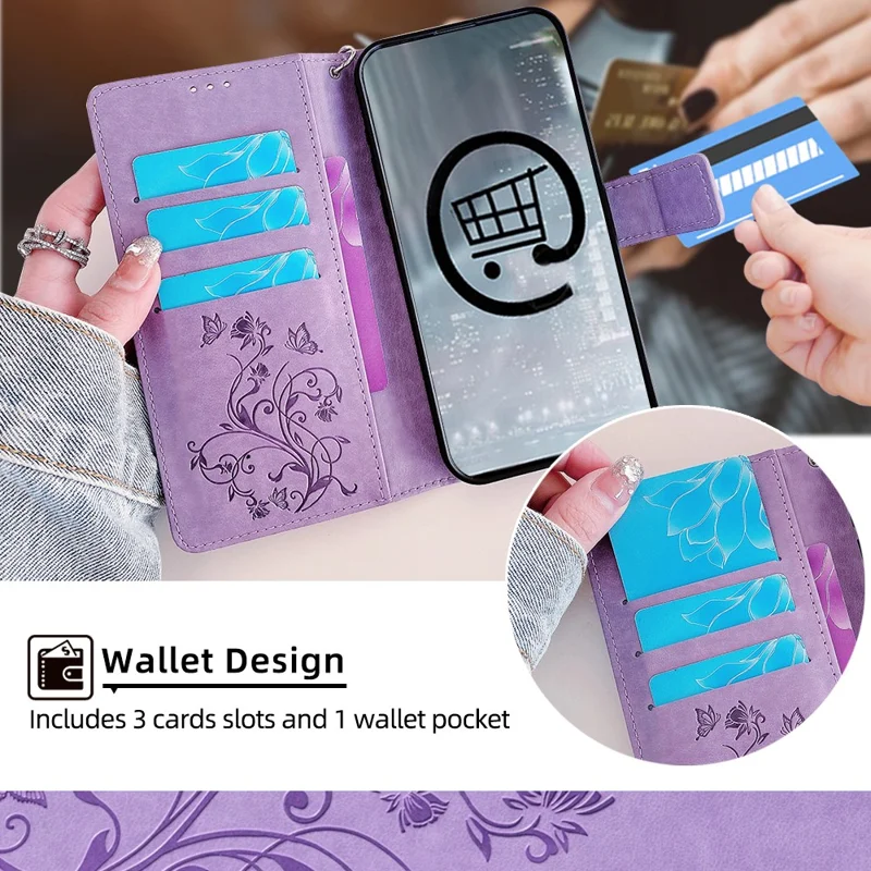 For Nokia X30 5G Case with Hand Strap Wallet Flip PU Leather Butterfly Flower Phone Cover - Purple