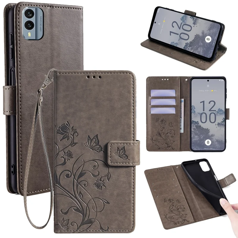 Pour Nokia X30 5G Étui avec Sangle de Main Portefeuille Flip PU Cuir Papillon Fleur Housse de Téléphone - Gris
