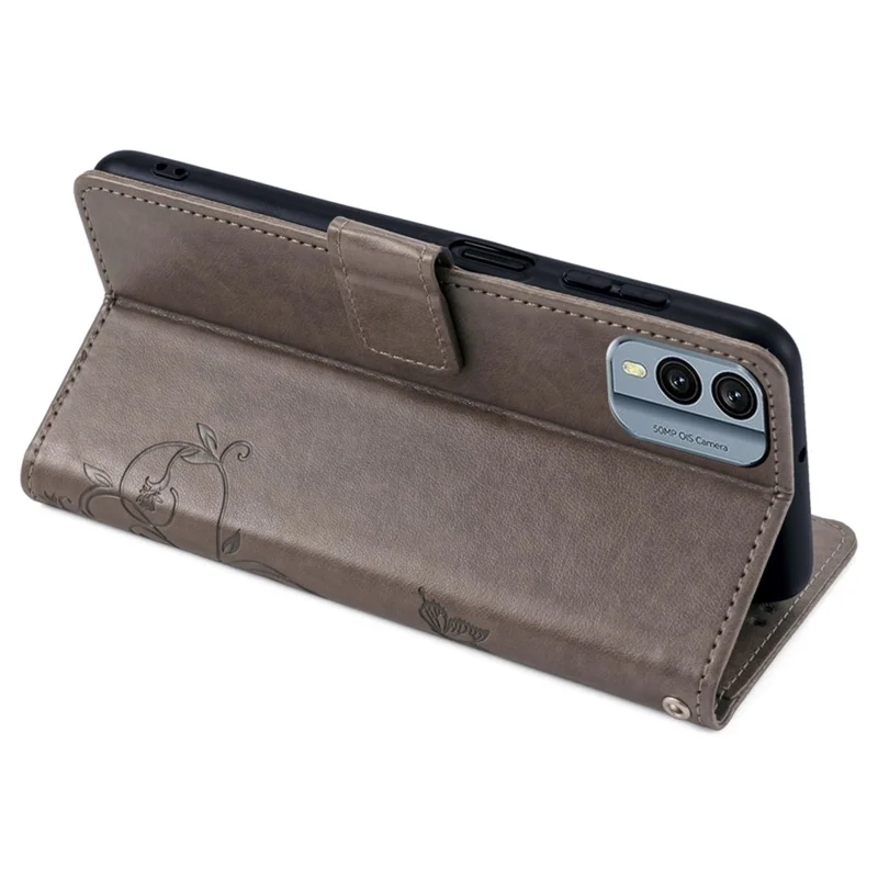 Pour Nokia X30 5G Étui avec Sangle de Main Portefeuille Flip PU Cuir Papillon Fleur Housse de Téléphone - Gris