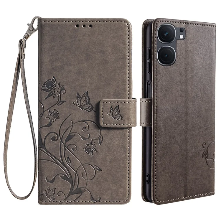 Para vivo iQOO Neo9 5G / Neo9 Pro 5G Capa de couro PU com borboleta e floral Flip Stand Phone Cover - Cinza