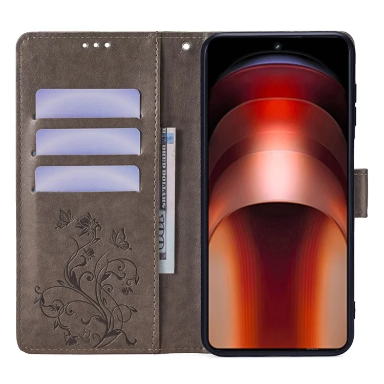 Para vivo iQOO Neo9 5G / Neo9 Pro 5G Capa de couro PU com borboleta e floral Flip Stand Phone Cover - Cinza