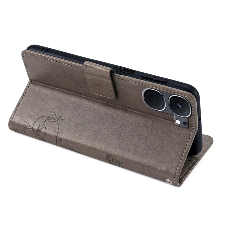 Para vivo iQOO Neo9 5G / Neo9 Pro 5G Capa de couro PU com borboleta e floral Flip Stand Phone Cover - Cinza