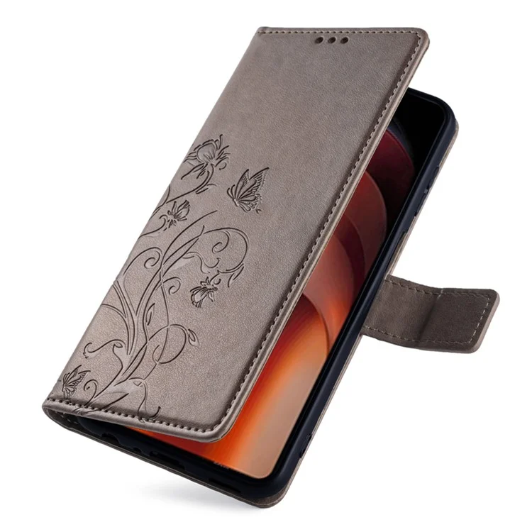 Para vivo iQOO Neo9 5G / Neo9 Pro 5G Capa de couro PU com borboleta e floral Flip Stand Phone Cover - Cinza