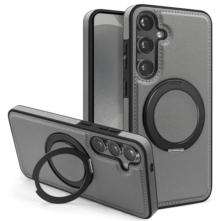 Pour Samsung Galaxy S24 Magnetic Phone Case Drop-proof Leather+PC+TPU Kickstand Cover - Gris