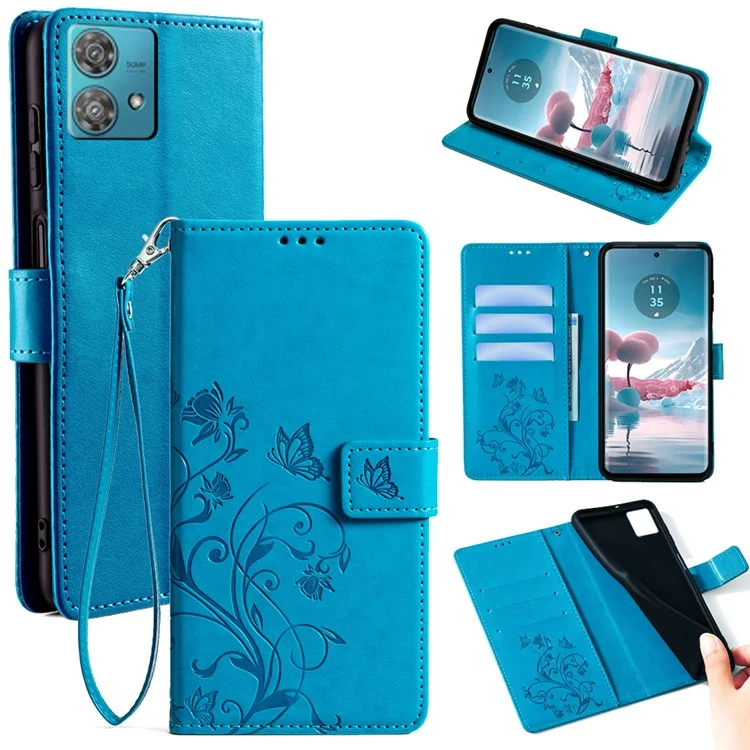 Für Motorola Edge 40 Neo 5G Handyhülle mit Handschlaufe, Schmetterling- und Blumenmuster, Leder-Flip-Cover - Blau