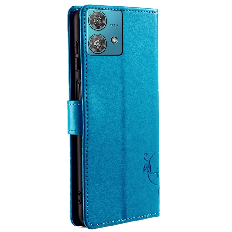 Für Motorola Edge 40 Neo 5G Handyhülle mit Handschlaufe, Schmetterling- und Blumenmuster, Leder-Flip-Cover - Blau