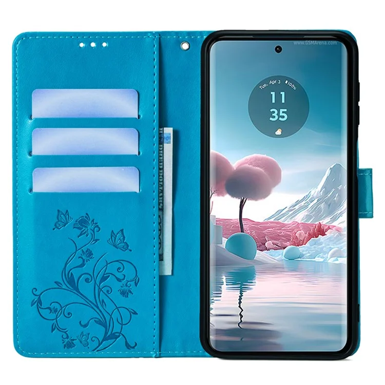 Für Motorola Edge 40 Neo 5G Handyhülle mit Handschlaufe, Schmetterling- und Blumenmuster, Leder-Flip-Cover - Blau