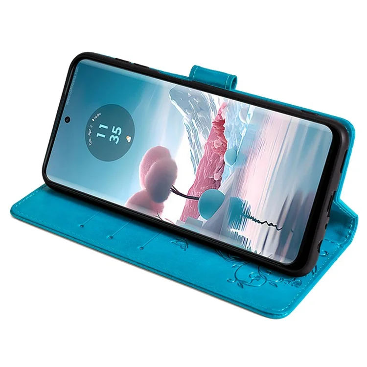 Für Motorola Edge 40 Neo 5G Handyhülle mit Handschlaufe, Schmetterling- und Blumenmuster, Leder-Flip-Cover - Blau