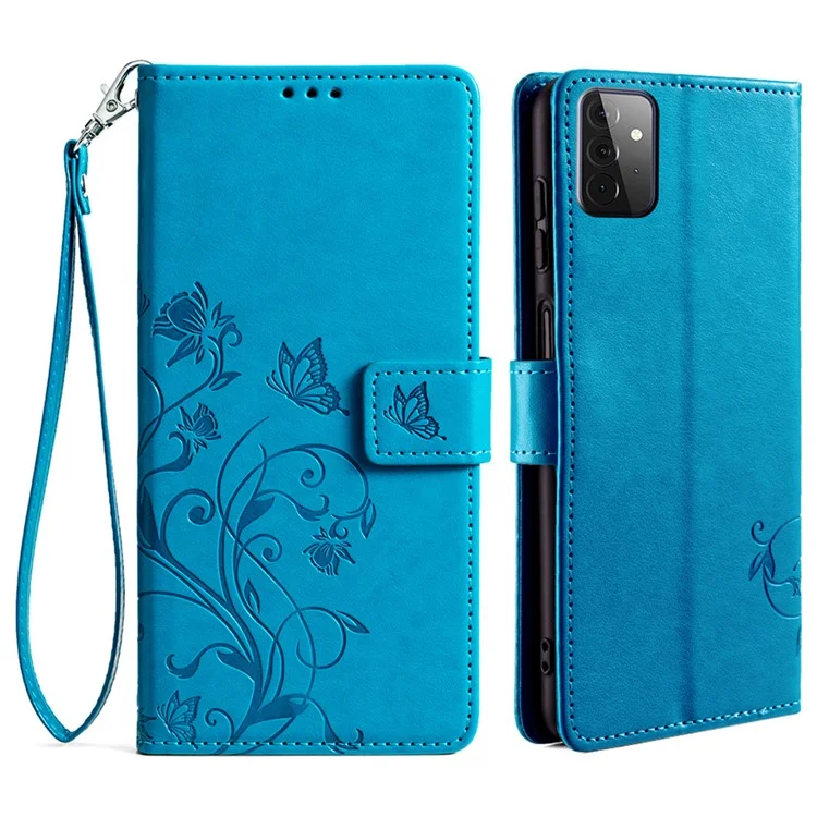 For Samsung Galaxy A72 5G / 4G Case Butterfly Flower PU Leather Cell Phone Shell Online Shopping Wholesale - Blue