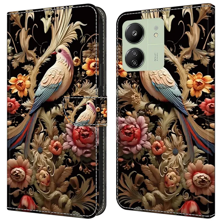Per Xiaomi Redmi 13C 4G / 13C 5G / Poco C65 4G / Poco M6 5G / 13R 5G Custodia Modello Pelle PU con Slot per Carte / Contanti - Fiore Vintage e Uccello