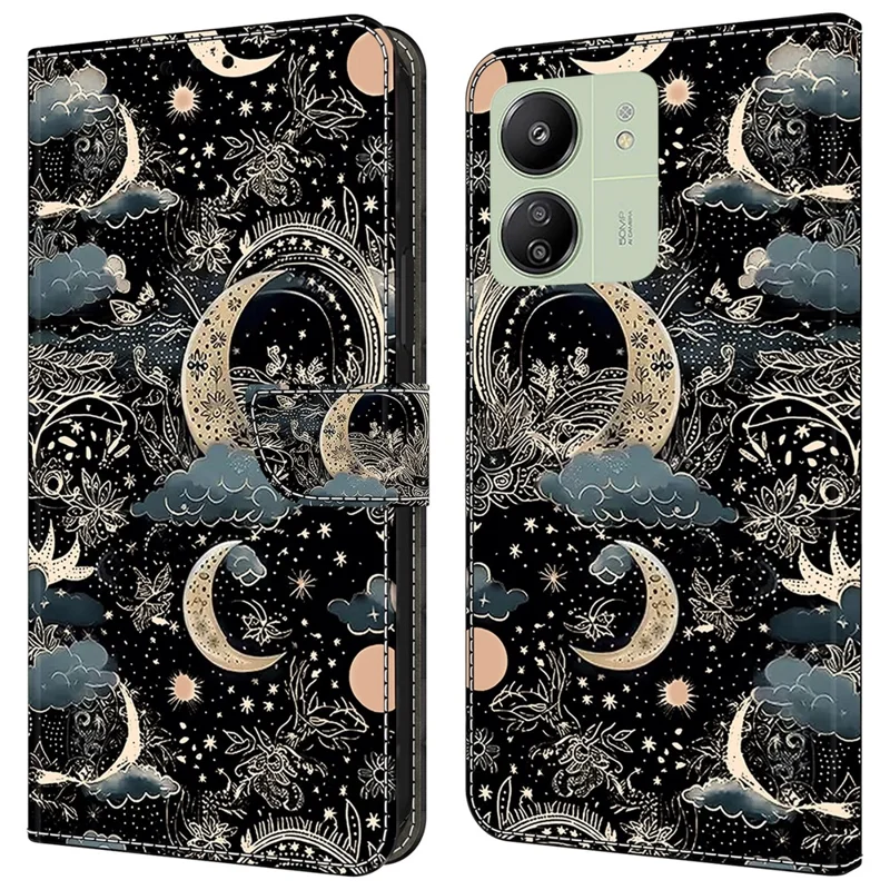 For Xiaomi Redmi 13C 4G / 13C 5G / Poco C65 4G / Poco M6 5G / 13R 5G Case Pattern PU Leather Card / Cash Slots Phone Cover - Moon