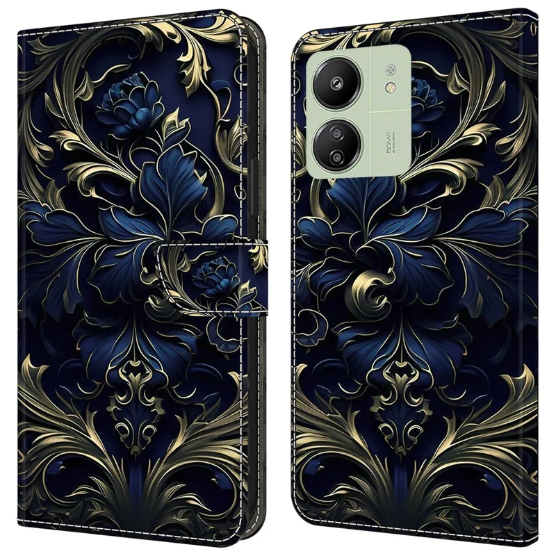 For Xiaomi Redmi 13C 4G / 13C 5G / Poco C65 4G / Poco M6 5G / 13R 5G Case Pattern PU Leather Card / Cash Slots Phone Cover - Blue Flower
