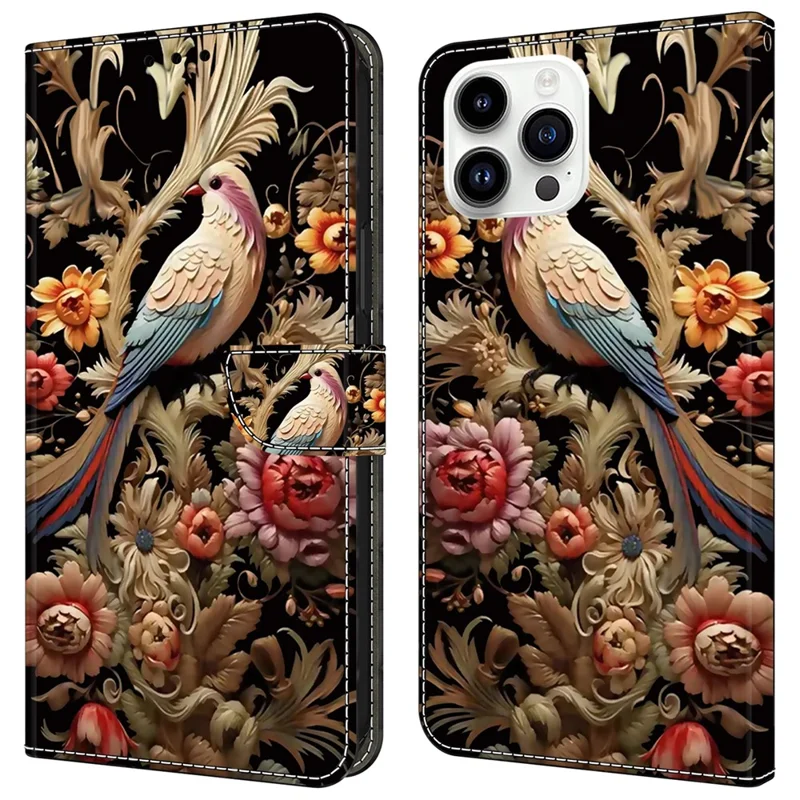 For iPhone 15 Pro Max Case PU Leather Phone Cover Pattern Printing Cell Phone Shell - Vintage Flower and Bird