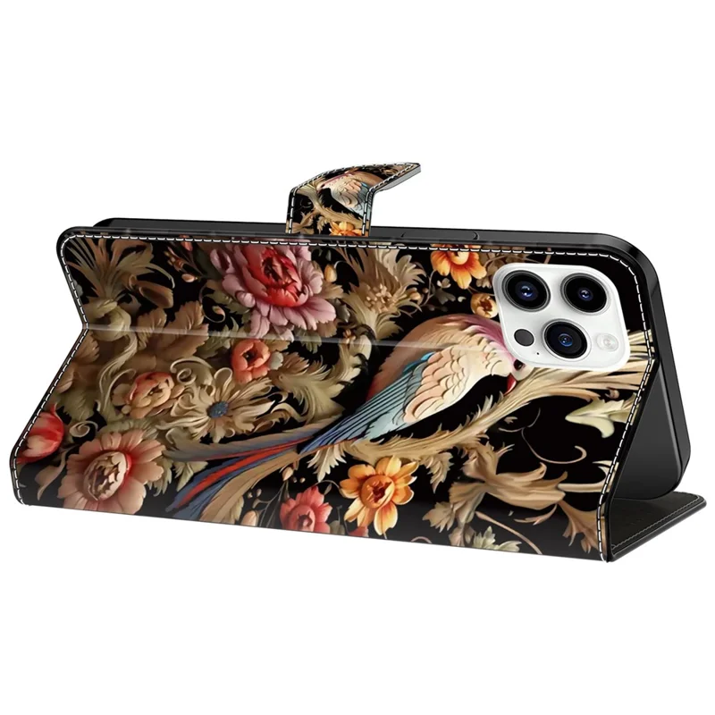 For iPhone 15 Pro Max Case PU Leather Phone Cover Pattern Printing Cell Phone Shell - Vintage Flower and Bird