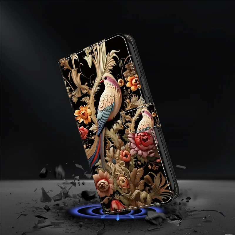 For iPhone 15 Pro Max Case PU Leather Phone Cover Pattern Printing Cell Phone Shell - Vintage Flower and Bird