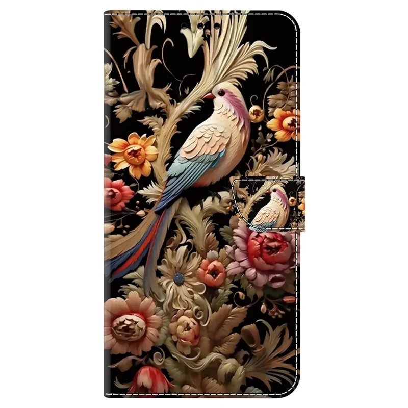 For iPhone 15 Pro Max Case PU Leather Phone Cover Pattern Printing Cell Phone Shell - Vintage Flower and Bird
