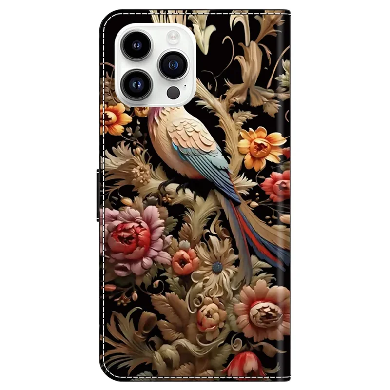 For iPhone 15 Pro Max Case PU Leather Phone Cover Pattern Printing Cell Phone Shell - Vintage Flower and Bird