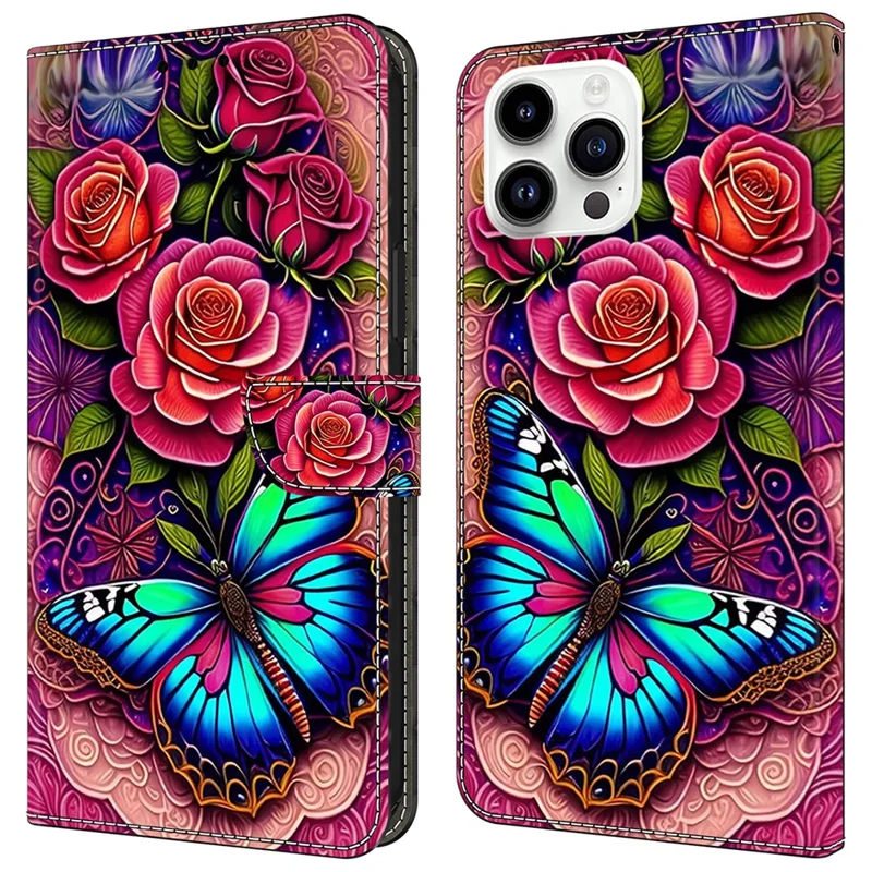 For iPhone 15 Pro Max Case PU Leather Phone Cover Pattern Printing Cell Phone Shell - Colorful Butterfly