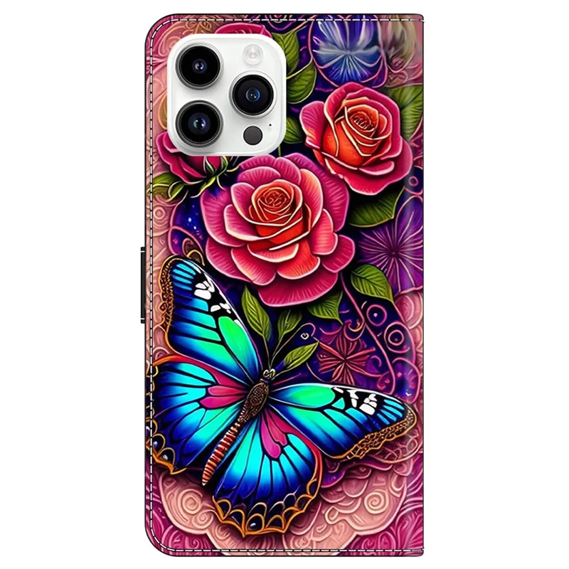 For iPhone 15 Pro Max Case PU Leather Phone Cover Pattern Printing Cell Phone Shell - Colorful Butterfly
