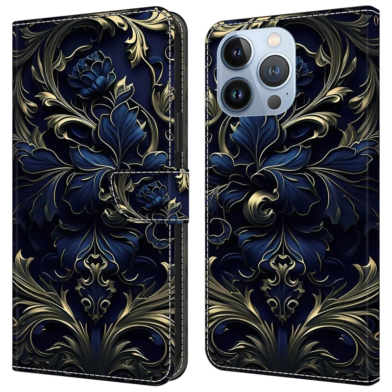 For iPhone 14 Pro Magnetic Phone Case Pattern Print Wallet Scratch-resistant Cover - Metal Flower