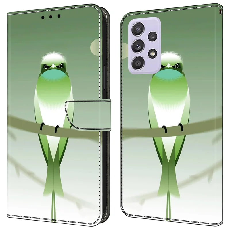 Para Samsung Galaxy A52 4G / 5G / A52s 5G Capa Padrão de Impressão Flip Folio Capa de Telefone de Couro - Pássaro Verde