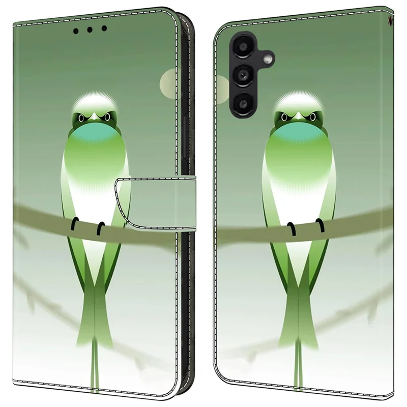 For Samsung Galaxy A14 5G / A14 4G Phone Case   Pattern Print Leather Wallet Cover - Green Bird