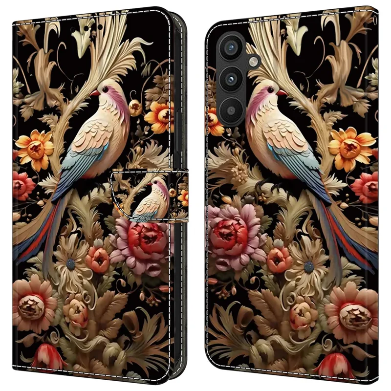 For Samsung Galaxy A15 4G / 5G Case PU Leather Magnetic Clasp Stand Function Phone Cover Pattern Printed - Vintage Flower and Bird