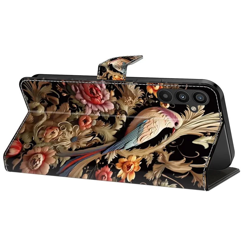 For Samsung Galaxy A15 4G / 5G Case PU Leather Magnetic Clasp Stand Function Phone Cover Pattern Printed - Vintage Flower and Bird