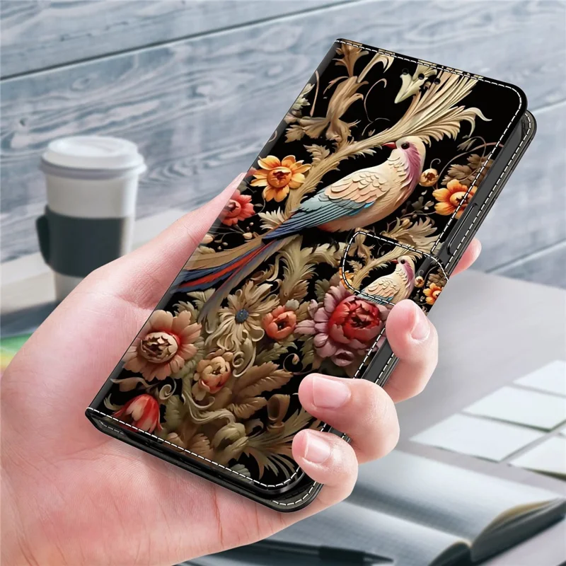 For Samsung Galaxy A15 4G / 5G Case PU Leather Magnetic Clasp Stand Function Phone Cover Pattern Printed - Vintage Flower and Bird