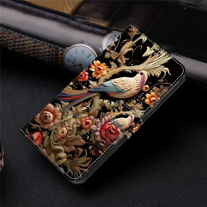 For Samsung Galaxy A15 4G / 5G Case PU Leather Magnetic Clasp Stand Function Phone Cover Pattern Printed - Vintage Flower and Bird