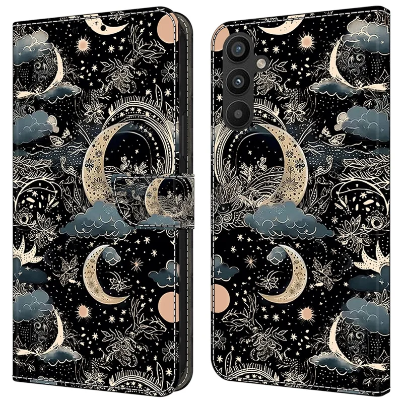 Fodral för Samsung Galaxy A15 4G/5G PU-läder Magnetisk spänne Stödfunktion Mönstertryckt mobilskal - Måne